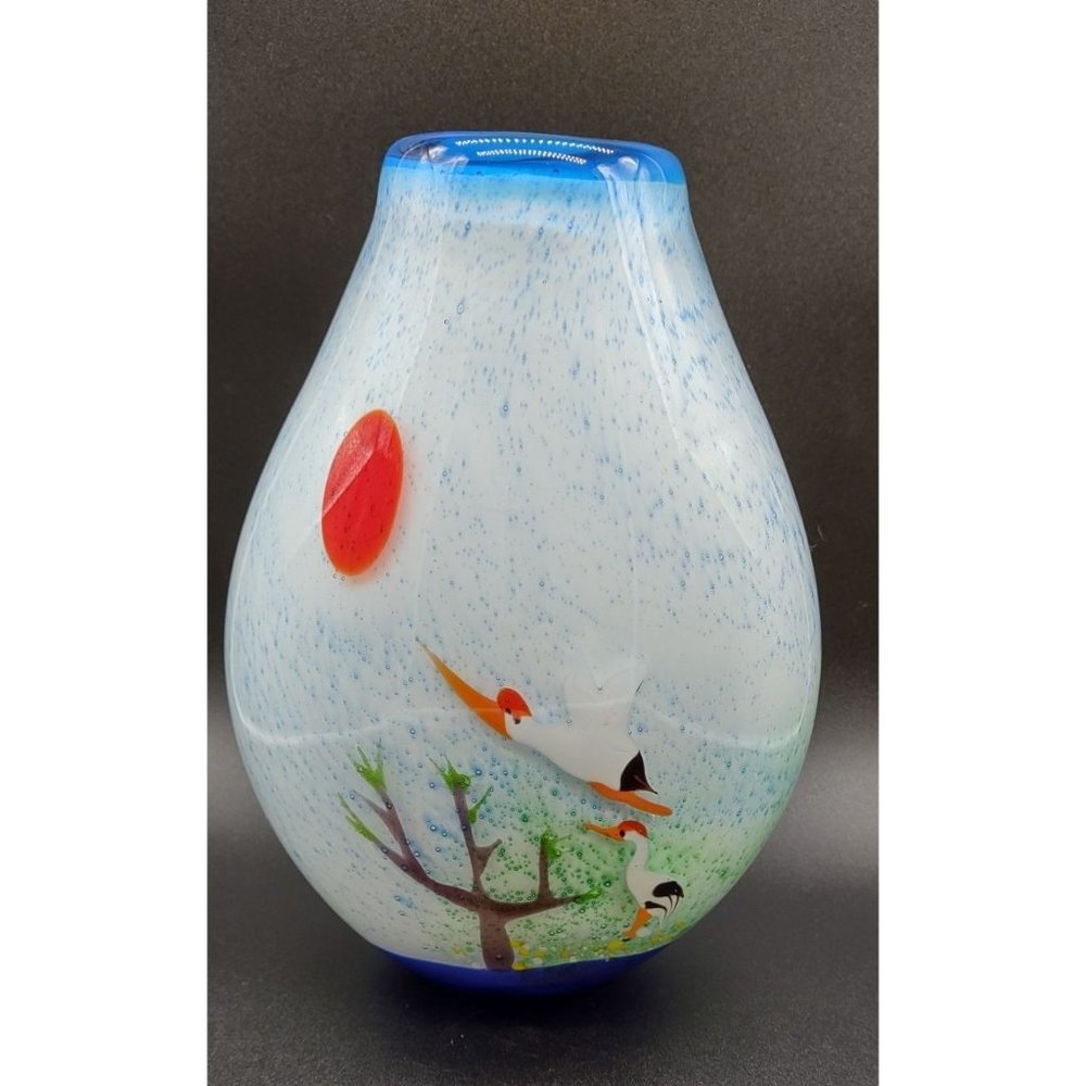Vase Art Glass Birds White Cased Clear Sun Bird Tree 10 In High